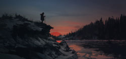 Rule 34 | 1other, commentary, dark, english commentary, forest, gradient sky, highres, ice, landscape, malgorzata miklaszewska, nature, outdoors, red sun, river, rock, scenery, sky, snow, sunset, the revenant, water, winter