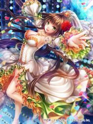 Rule 34 | 1girl, :d, armpits, bare legs, breasts, brown hair, cleavage, detached sleeves, dress, flower, frilled dress, frilled sleeves, frills, green eyes, hair flower, hair ornament, high heels, hobak, jewelry, multicolored clothes, multicolored dress, necklace, open mouth, outstretched arms, ponytail, ring, sideboob, sleeveless, sleeveless dress, smile, solo, stage, standing, standing on one leg, tenka touitsu chronicle, tiara, veil