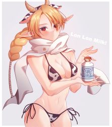 Rule 34 | 1girl, 2021, animal print, bikini, blonde hair, blush, braid, breasts, cleavage, cow print, english text, grey background, long hair, looking at viewer, medium breasts, milk, miri (cherryjelly), navel, nintendo, outside border, pointy ears, print bikini, red eyes, sheik, simple background, solo, super smash bros., swimsuit, tail, the legend of zelda, the legend of zelda: ocarina of time, thighhighs