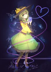 Rule 34 | 1girl, absurdres, black hat, black pantyhose, blouse, blush, bow, bug, butterfly, buttons, diamond button, diving penguin, eyeball, frilled shirt collar, frilled skirt, frilled sleeves, frills, frown, full body, green eyes, green hair, green skirt, hair between eyes, hat, hat bow, hat ribbon, head tilt, heart, heart of string, highres, holding eyeball, insect, komeiji koishi, long sleeves, looking at viewer, mary janes, medium hair, pantyhose, parted lips, purple footwear, ribbon, shirt, shoes, skirt, solo, standing, third eye, touhou, wavy hair, wide sleeves, yellow bow, yellow ribbon, yellow shirt