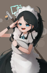 Rule 34 | 1girl, absurdres, apron, aqua ribbon, aris (blue archive), aris (maid) (blue archive), black dress, black hair, black wrist cuffs, blue archive, blue eyes, charm (object), commentary, dress, forehead, frilled apron, frilled sleeves, frills, halo, high ponytail, highres, koya 1001, long hair, looking at viewer, maid, maid apron, maid headdress, messy hair, mop, neck ribbon, official alternate costume, open mouth, parted bangs, puffy short sleeves, puffy sleeves, ribbon, salute, short sleeves, simple background, smile, solo, standing, teeth, tray, upper teeth only, very long hair, white apron, wrist cuffs