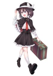 Rule 34 | 1girl, black capelet, black footwear, black hat, black skirt, boots, bow, briefcase, brown eyes, brown hair, capelet, frilled skirt, frills, full body, hand on headwear, hat, hat bow, holding, holding briefcase, long sleeves, necktie, open mouth, red necktie, ribbon-trimmed capelet, shirt, shoe soles, simple background, skirt, solo, suitcase, takahashi kouta, tie clip, touhou, usami renko, walking, white background, white bow, white shirt