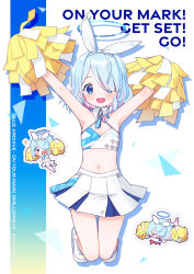 Rule 34 | 1girl, alternate costume, aqua hair, armpits, arms up, arona (blue archive), blue archive, blue eyes, braid, character name, colored inner hair, commentary request, coromonaka, detached collar, flat chest, hair over one eye, hairband, halo, highres, holding, holding pom poms, long bangs, looking at viewer, millennium cheerleader outfit (blue archive), multicolored hair, navel, pom pom (cheerleading), pom poms, shoes, short hair, sidelocks, simple background, single braid, skirt, sleeveless, sneakers, solo, stomach, tripping, two-tone hair, white skirt