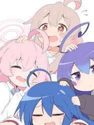 Rule 34 | 4girls, absurdres, acchi kocchi, ahoge, blue archive, blue hair, closed eyes, commentary request, crossover, fang, flying sweatdrops, hair between eyes, halo, hand on another&#039;s head, highres, hoshino (blue archive), izumi konata, long hair, long sleeves, look-alike, looking at viewer, lucky star, master m 489, miniwa tsumiki, mole, mole under eye, multiple crossover, multiple girls, onii-chan wa oshimai!, open mouth, orange eyes, oyama mahiro, pink hair, purple eyes, school uniform, sweatdrop, trait connection