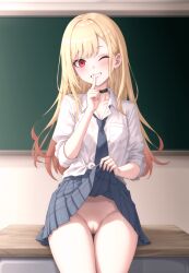 Rule 34 | 1girl, absurdres, black choker, blonde hair, blue skirt, censored, chalkboard, choker, classroom, clothes lift, desk, finger to mouth, guilegaze, highres, kitagawa marin, long hair, looking at viewer, mosaic censoring, multicolored hair, necktie, one eye closed, open mouth, pussy, red eyes, school desk, school uniform, shirt, shushing, sitting, skirt, skirt lift, smile, solo, sono bisque doll wa koi wo suru, tied shirt, white shirt, wink