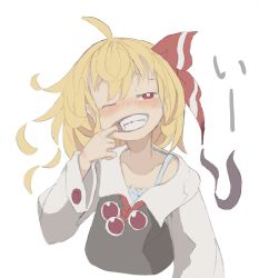 Rule 34 | 1girl, ahoge, blonde hair, blush, clenched teeth, collarbone, finger in own mouth, guwinomi, hair ribbon, highres, long sleeves, mouth pull, one eye closed, red eyes, red ribbon, ribbon, rumia, short hair, simple background, smile, solo, teeth, touhou, upper body, vest, white background