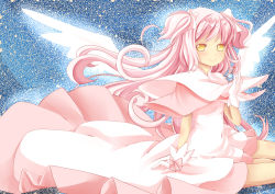 Rule 34 | 10s, 1girl, bad id, bad pixiv id, bow, dress, english text, female focus, gloves, grief seed, hair bow, kaname madoka, kenneos, long hair, magical girl, mahou shoujo madoka magica, mahou shoujo madoka magica (anime), pink hair, solo, spoilers, ultimate madoka, very long hair, white gloves, wings, yellow eyes