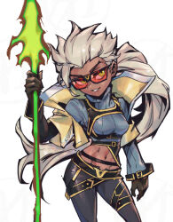 Rule 34 | 1girl, belt, black belt, breasts, brown gloves, check copyright, copyright request, cowboy shot, crop top, glasses, gloves, grey hair, holding, holding polearm, holding weapon, large breasts, long hair, navel, original, pants, phantom ix row, polearm, simple background, smile, solo, standing, teeth, weapon, white background, yellow eyes