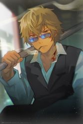 Rule 34 | 1boy, absurdres, artist name, black vest, blonde hair, blurry, blurry background, brown eyes, cigarette, dated, day, durarara!!, eromkk, heiwajima shizuo, highres, long sleeves, looking at viewer, male focus, outdoors, over shoulder, short hair, smoking, solo, sunglasses, vest
