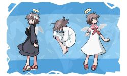 Rule 34 | 1girl, angel, black dress, blue background, border, brown eyes, brown hair, closed mouth, commentary, dress, feathered wings, feathers, fetal position, full body, haibane renmei, halo, hand up, highres, long sleeves, looking at viewer, messy hair, multiple views, neckerchief, pink sailor collar, rakka (haibane), red neckerchief, sailor collar, sandals, satyrascu, short hair, short sleeves, smile, standing, white border, white dress, wings