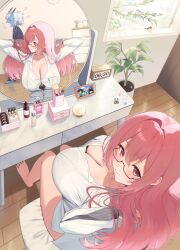 2girls absurdres arms_up barefoot blue_skin breasts bursting_breasts button_gap cleavage closed_mouth colored_skin feet glasses hair_between_eyes highres horns huge_breasts indoors long_hair looking_back mirror multiple_girls oni pink_eyes pink_hair seoki_(hi3031) short_hair sidelocks sitting smile soukaku_(zenless_zone_zero) thighs tsukishiro_yanagi white_hair wooden_floor yawning zenless_zone_zero