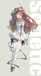 Rule 34 | 1girl, absurdres, belt, black ribbon, bow, breasts, brown hair, character name, checkered bow, checkered clothes, collared dress, commentary request, dress, gloves, green eyes, hair bow, head tilt, high collar, high heels, highres, holding, holding pen, leg ribbon, long hair, long sleeves, nib pen (object), pants, pen, reverse:1999, ribbon, shrug (clothing), small breasts, solo, sonetto (reverse:1999), standing, thigh belt, thigh ribbon, thigh strap, two side up, white dress, white gloves, white pants, yorin yoni