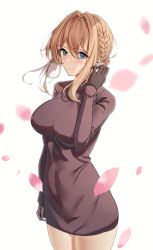 Rule 34 | 1girl, arm up, bad id, bad pixiv id, blonde hair, blue eyes, blush, braid, breasts, brown gloves, brown shirt, french braid, gloves, highres, large breasts, long sleeves, looking at viewer, maanu, naked shirt, petals, shirt, short hair, simple background, smile, solo, violet evergarden, violet evergarden (series), white background