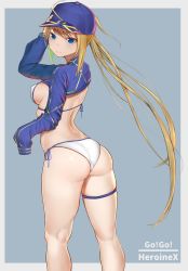 Rule 34 | 1girl, ahoge, artoria pendragon (fate), ass, baseball cap, bikini, blonde hair, blue eyes, blue hat, blue jacket, breasts, fate/grand order, fate (series), feet out of frame, from behind, gatchan, grey background, hair through headwear, hat, highres, jacket, long hair, looking at viewer, looking back, medium breasts, mysterious heroine x (fate), mysterious heroine xx (fate), ponytail, shrug (clothing), side-tie bikini bottom, sideboob, sleeves past fingers, sleeves past wrists, solo, standing, swimsuit, two-tone background, very long hair, white bikini