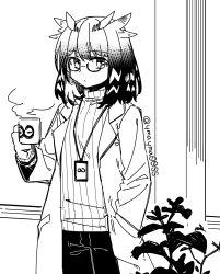 Rule 34 | 1girl, arknights, coat, cup, greyscale, hand in pocket, highres, holding, holding cup, id card, lab coat, lanyard, lapels, long sleeves, looking at viewer, monochrome, mug, notched lapels, open clothes, open coat, owl ears, pants, plant, ribbed sweater, semi-rimless eyewear, short hair, silence (arknights), sketch, solo, steam, sweater, twitter username, under-rim eyewear, yom (ymayma00ss)