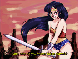 Rule 34 | 1girl, black hair, blue eyes, clenched teeth, cosmikaizer, dc comics, english text, frown, glitch, holding, holding sword, holding weapon, looking up, retro artstyle, solo, sword, teeth, v-shaped eyebrows, weapon, wonder woman, wonder woman (series)