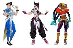 Rule 34 | 3girls, abs, arms up, black hair, bracelet, braid, capcom, cassette player, chinese clothes, chun-li, crop top, dark-skinned female, dark skin, earphones, earrings, fingerless gloves, full body, gloves, gradient hair, hair bun, hair over one eye, han juri, highres, jewelry, kimberly jackson, lam (ramdayo), long hair, looking at viewer, multicolored hair, multiple girls, nail polish, navel, outstretched arms, second-party source, shoes, short hair, smile, sneakers, spiked bracelet, spikes, stirrup legwear, stomach, streaked hair, street fighter, street fighter 6, toeless legwear, toenail polish, toenails, toned