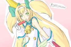 Rule 34 | 1girl, :p, arc system works, blazblue, blazblue: continuum shift, blonde hair, candy, green eyes, hair ornament, heart, heart-shaped pupils, highres, lollipop, long hair, novemdecuple, platinum the trinity, solo, symbol-shaped pupils, tongue, tongue out