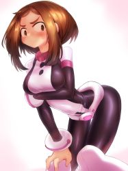 1girl arm_support bent_over blush bodysuit boku_no_hero_academia breasts brown_eyes brown_hair closed_mouth covered_navel hand_on_own_knee highres kyuusui_gakari large_breasts leaning_forward looking_at_viewer short_hair sidelocks solo uraraka_ochako