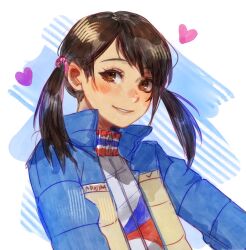 Rule 34 | 1girl, blue background, blue jacket, blush, brown eyes, brown hair, commentary, doujima nanako, down jacket, english commentary, grin, heart, highres, jacket, long hair, long sleeves, looking at viewer, nose blush, open clothes, open jacket, persona, persona 4, persona 5, prototype design, short twintails, simple background, smile, solo, takanoezz, twintails, two-tone background, upper body, white background, white jacket, zipper, zipper pull tab