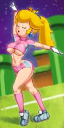 Rule 34 | 1girl, 2022, absurdres, blonde hair, breasts, closed eyes, crop top, crown, earrings, eyelashes, gloves, grass, highres, jewelry, large breasts, lipstick, makeup, mario (series), mario strikers: battle league, navel, night, night sky, nintendo, open mouth, outdoors, pink lips, ponytail, princess, princess peach, short shorts, shorts, sky, sleepiitreat, smile, soccer uniform, socks, solo, sportswear, super mario strikers, thighhighs, toned, toned female, underboob, video game, warp pipe, wide hips