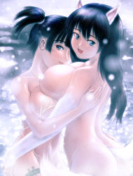 Rule 34 | 2girls, animal ears, asymmetrical docking, black hair, blue eyes, licking breast, breast press, breasts, fur, hug, huge breasts, jpeg artifacts, licking, long hair, multiple girls, onsen, s zenith lee, short twintails, smile, snow, snowing, tail, tongue, topless, twintails, yuri