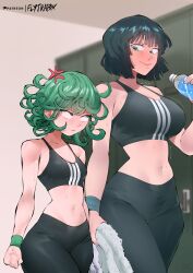 Rule 34 | 2girls, anger vein, black hair, black sports bra, bottle, breast envy, breasts, curvy, flytrapxx, fubuki (one-punch man), green eyes, green hair, height difference, highres, large breasts, looking at another, medium support (meme), meme, midriff, multiple girls, navel, one-punch man, pants, short hair, siblings, sisters, small breasts, sports bra, sportswear, sweatband, tatsumaki, toned, towel, water bottle, wide hips, yoga pants