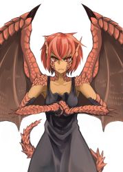Rule 34 | 1girl, angry, armpits, black dress, collarbone, dragon girl, dragon tail, dragon wings, dress, fist in hand, highres, hitokuirou, looking at viewer, monster girl, original, red eyes, red hair, scales, short hair, simple background, sleeveless, sleeveless dress, solo, solo vivace (hitokuirou), tail, wings