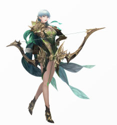 Rule 34 | 1girl, absurdres, ankle boots, armor, arrow (projectile), black footwear, blue hair, blunt bangs, boots, bow, breasts, closed mouth, daeho cha, dress, full body, gauntlets, green dress, green eyes, hair ornament, high heels, highres, holding, holding arrow, holding weapon, lips, medium breasts, medium hair, official art, pauldrons, quiver, r2m, short dress, shoulder armor, signature, simple background, smile, solo, standing, weapon