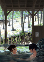 Rule 34 | 2girls, absurdres, bare shoulders, black hair, brown hair, dated, forest, hair bun, highres, looking at another, multiple girls, nature, nude, onsen, open mouth, original, outdoors, partially submerged, profile, railing, ripples, rock, short ponytail, sidelocks, sign, signature, single hair bun, sketch, smile, tree, water, water drop, yakikoke