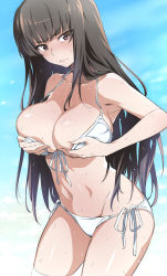 Rule 34 | 1girl, bikini, blue sky, breast hold, breasts, brown eyes, brown hair, closed mouth, cloud, collarbone, commentary request, day, girls und panzer, halterneck, highres, large breasts, long hair, looking at viewer, mature female, nakahira guy, nishizumi shiho, side-tie bikini bottom, sky, solo, string bikini, swimsuit, thighhighs, thighs, wet, white bikini, white thighhighs