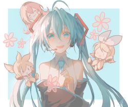 Rule 34 | 1boy, 3girls, :&gt;, = =, aqua eyes, aqua hair, aqua necktie, arms up, bare shoulders, black collar, black sleeves, blonde hair, blouse, blue background, blush stickers, bow, closed eyes, collar, commentary, detached sleeves, floating, flower, hair bow, hair ornament, hatsune miku, head rest, headphones, headset, highres, kagamine len, kagamine rin, long hair, looking at viewer, megurine luka, mini person, miniboy, minigirl, multiple girls, neckerchief, necktie, on head, open mouth, own hands together, pink hair, saihate (d3), sailor collar, shirt, short hair, short ponytail, short sleeves, sleeveless, sleeveless shirt, smile, solid oval eyes, spiked hair, swept bangs, twintails, upper body, v-shaped eyebrows, very long hair, vocaloid, white bow, white shirt, yellow neckerchief