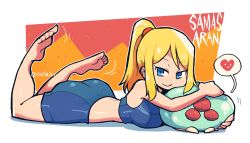 Rule 34 | 1girl, absurdres, ass, barefoot, blonde hair, blue eyes, breasts, character name, creature, crop top, feet, heart, highres, legs up, looking at viewer, lying, metroid, metroid (creature), metroid fusion, mole, mole under mouth, nintendo, on stomach, ponytail, rariatto (ganguri), samus aran, short shorts, shorts, smile, spoken heart, toes