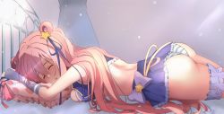 Rule 34 | 1girl, ass, bad id, bad pixiv id, bed, bikini, blush, breasts, bridal garter, closed eyes, commentary, hair between eyes, hair ornament, hair rings, hatsune (princess connect!), hatsune (summer) (princess connect!), highres, long hair, lying, on bed, on stomach, open mouth, panties, pillow, pink hair, princess connect!, purple bikini, revision, sideboob, skirt, solo, star (symbol), star hair ornament, sweetalpha, swimsuit, thigh scrunchie, two side up, underwear