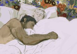 Rule 34 | 2boys, bara, bed, black hair, blonde hair, chris redfield, closed eyes, closed mouth, coffeebrownn, ethan winters, facial hair, lying, male focus, multiple boys, muscular, muscular male, on back, on bed, on side, pillow, resident evil, resident evil village, short hair, sleeping, topless male, yaoi