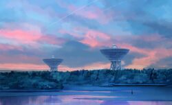 Rule 34 | 1other, cloud, cloudy sky, contrail, dusk, evening, forest, frozen lake, highres, horizon, kgt (pixiv12957613), lake, landscape, mountain, nature, original, reflection, satellite dish, scenery, sky, solo, very wide shot