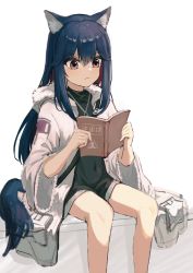 Rule 34 | 1girl, alternate eye color, animal ears, arknights, black hair, black shirt, black shorts, book, brown eyes, chinese commentary, coat, commentary request, covered navel, feet out of frame, hair between eyes, highres, holding, holding book, jewelry, long hair, necklace, official alternate costume, open book, open clothes, open coat, reading, rhodes island logo (arknights), shirt, shorts, sidelocks, simple background, sitting, solo, tail, texas (arknights), texas (winter messenger) (arknights), white background, white coat, winter clothes, winter coat, wolf ears, wolf girl, wolf tail, yaoyaojiadeluren