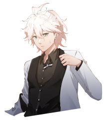 Rule 34 | 1boy, ahoge, black bow, black bowtie, black shirt, black vest, bow, bowtie, closed mouth, collared shirt, cropped torso, danganronpa (series), danganronpa 2: goodbye despair, dress shirt, green eyes, grey hair, hair between eyes, hand up, jacket, komaeda nagito, long sleeves, looking at viewer, male focus, meipoi, messy hair, multicolored bow, official alternate costume, open clothes, open jacket, shirt, short hair, simple background, solo, sweatdrop, upper body, vest, white background, white bow, white hair, white jacket