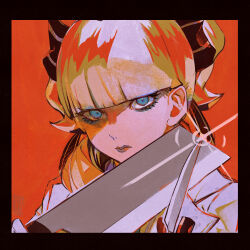 Rule 34 | 1girl, ace attorney, black border, blonde hair, blue eyes, blunt bangs, border, bow, closed mouth, commentary request, hair bow, highres, holding, holding knife, knife, long hair, looking at viewer, maria gorey, portrait, red background, sasatake (sasatakebe), simple background, solo, sparkle, the great ace attorney, the great ace attorney 2: resolve