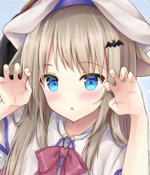 Rule 34 | 1girl, :o, bat hair ornament, blue background, blue eyes, blush, bow, cape, close-up, commentary request, eyelashes, eyes visible through hair, fingernails, grey hair, hair between eyes, hair ornament, hands up, highres, little busters!, long hair, looking at viewer, maruma (maruma gic), noumi kudryavka, open mouth, paw pose, pink bow, second-party source, sidelocks, simple background, solo, sparkle, straight-on, straight hair, white cape, white headwear