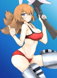Rule 34 | 1girl, animal ears, bikini, blue background, blue eyes, breasts, brown hair, browning automatic rifle, charlotte e. yeager, cleavage, floating, grin, gun, holding, holding gun, holding weapon, large breasts, long hair, looking at viewer, machine gun, navel, ngc20701, rabbit ears, rabbit girl, red bikini, smile, solo, strike witches, striker unit, swimsuit, thumbs up, weapon, world witches series