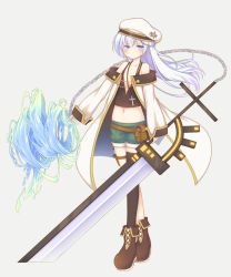 Rule 34 | 1girl, beret, black camisole, black thighhighs, blue eyes, blue hair, blush, boots, brown footwear, camisole, chain, character request, closed mouth, collarbone, commentary request, cross, dagger, full body, green shorts, grey background, hair between eyes, hat, highres, holding, holding sword, holding weapon, holster, jacket, knife, long hair, long sleeves, midriff, navel, open clothes, open jacket, sakurato ototo shizuku, shirokami project, short shorts, shorts, simple background, single thighhigh, sleeves past wrists, solo, standing, star (symbol), sword, thigh holster, thighhighs, very long hair, weapon, white hat, white jacket