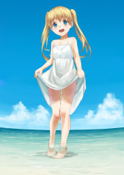 Rule 34 | 1girl, :d, bare legs, bare shoulders, barefoot, beach, blonde hair, blue eyes, blush, clothes lift, cloud, day, dress, dress lift, eichisu, highres, legs, long hair, ocean, open mouth, original, outdoors, shallow water, skirt hold, sky, smile, soaking feet, solo, sundress, twintails, wading, water, white dress