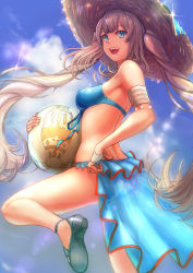 Rule 34 | 1girl, ass, ball, beachball, blue eyes, blush, breasts, fate (series), harunatsu akifumi, hat, high heels, holding, holding ball, long hair, looking at viewer, marie antoinette (fate), marie antoinette (swimsuit caster) (third ascension) (fate), medium breasts, open mouth, silver hair, smile, solo, straw hat, swimsuit, teeth, twintails