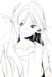 Rule 34 | 1girl, abe tsukasa, collarbone, elf, frieren, hair between eyes, highres, long hair, looking at viewer, multicolored eyes, official art, parted lips, pointy ears, short eyebrows, sidelocks, simple background, solo, sousou no frieren, thick eyebrows, upper body, white background