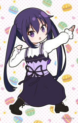 Rule 34 | 1girl, black footwear, black pantyhose, black skirt, boots, chibi, commentary request, cross-laced footwear, dress, from behind, full body, gochuumon wa usagi desu ka?, hair between eyes, highres, lace-up boots, long sleeves, looking at viewer, looking back, mitya, outstretched arm, pantyhose, parody request, parted lips, polka dot, polka dot background, puffy long sleeves, puffy sleeves, purple dress, purple eyes, purple vest, rabbit house uniform, shirt, simple background, skirt, sleeves past wrists, solo, tedeza rize, twintails, twitter username, uniform, v-shaped eyebrows, vest, waitress, white background, white shirt