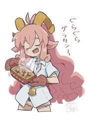 Rule 34 | 1girl, :d, animal ears, bell, blush, closed eyes, collared shirt, commentary request, cowboy shot, cropped legs, dated, dress shirt, food, food request, fur trim, fuyumiso, hair between eyes, holding, horns, long hair, open mouth, original, oven mitts, pink hair, shirt, short sleeves, signature, simple background, smile, solo, thick eyebrows, translation request, very long hair, white background, white shirt