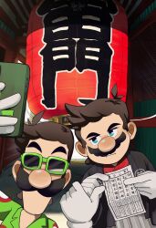 Rule 34 | 2boys, absurdres, blue eyes, brothers, brown hair, cellphone, dogeefox, facial hair, gloves, green shirt, hakama, highres, holding, holding paper, holding phone, japanese clothes, luigi, luigi (vacation), mario, mario (hakama), mario (series), mario kart, mario kart tour, multiple boys, mustache, nintendo, official alternate costume, paper, phone, pointing, shirt, siblings, smartphone, sunglasses, thumbs up, white gloves