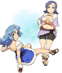 Rule 34 | 1boy, 1girl, bike shorts, blue hair, breasts, bustier, capelet, cleavage, final fantasy, final fantasy crystal chronicles, fingerless gloves, gloves, green eyes, hand on own hip, large breasts, long hair, midriff, owl head selkie, purple hair, sandals, selkie, shorts, shorts under skirt, smile, toes, tsukudani (coke-buta), tunic, wolfie selkie (male), wristband