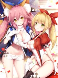 Rule 34 | 2girls, ahoge, animal ear fluff, animal ears, blonde hair, breasts, choker, cleavage, cleavage cutout, clothing cutout, commentary request, confetti, crop top, cropped jacket, fate/grand order, fate (series), fox ears, fox girl, gloves, green eyes, hair between eyes, hair intakes, hair ribbon, highleg, highleg leotard, highres, holding, holding umbrella, jacket, large breasts, leotard, long hair, looking at viewer, medium breasts, midriff, miko (royal milk), multiple girls, navel, nero claudius (fate), nero claudius (fate) (all), nero claudius (fate/extra), official alternate costume, open clothes, open jacket, panties, pink hair, ponytail, race queen, red jacket, red panties, ribbon, shirt, short shorts, shorts, sitting, skindentation, smile, standing, stomach, tamamo (fate), tamamo no mae (fate/extra), tamamo no mae (type-moon racing) (fate), thighhighs, thighs, twintails, umbrella, underwear, white gloves, white leotard, white shirt, white shorts, yellow eyes